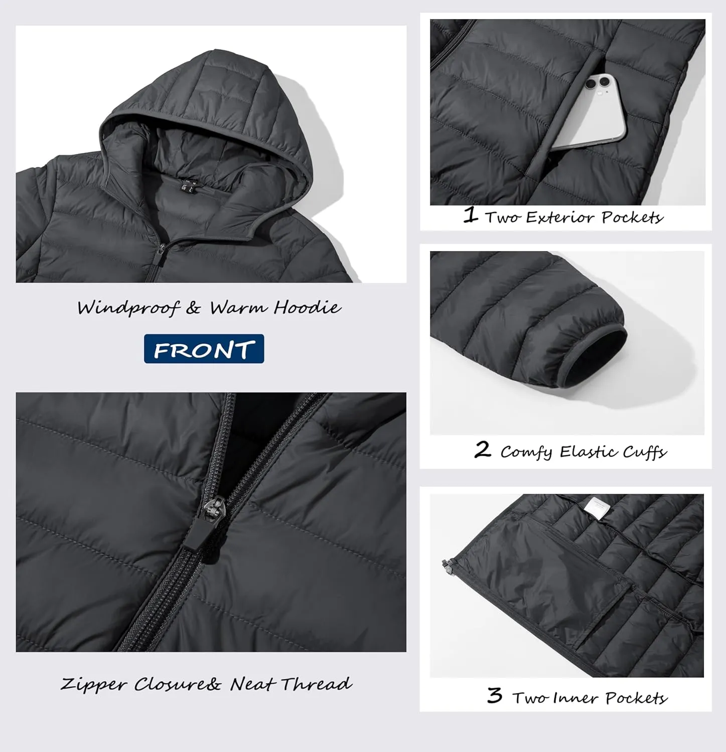 MAGCOMSEN Women's Hooded Puffer Jacket Lightweight Quilted Padded Coat 4 Pockets Zip-up Winter Warm Outerwear
