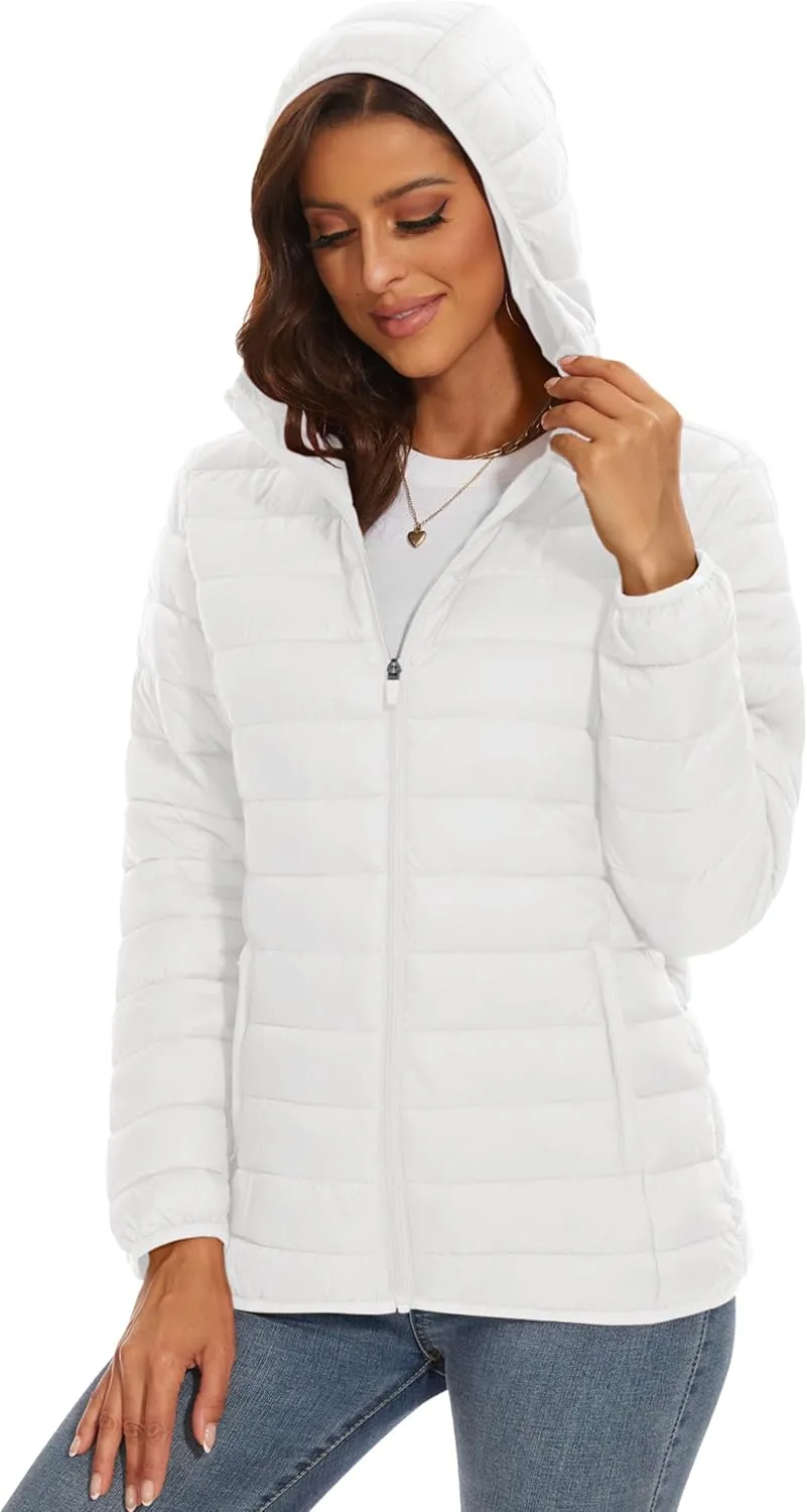 MAGCOMSEN Women's Hooded Puffer Jacket Lightweight Quilted Padded Coat 4 Pockets Zip-up Winter Warm Outerwear