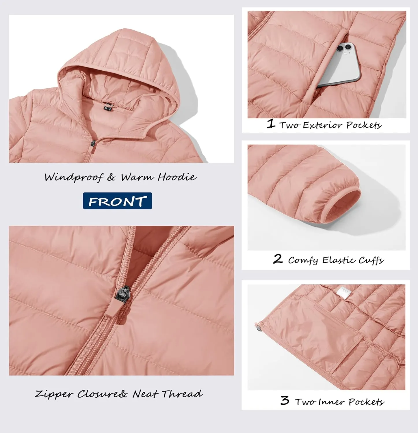 MAGCOMSEN Women's Hooded Puffer Jacket Lightweight Quilted Padded Coat 4 Pockets Zip-up Winter Warm Outerwear