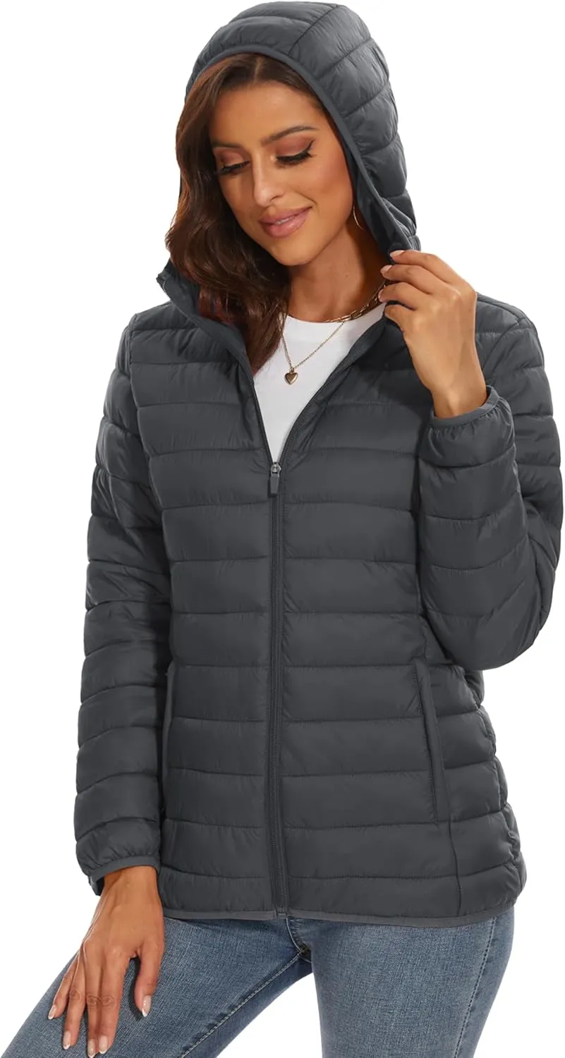MAGCOMSEN Women's Hooded Puffer Jacket Lightweight Quilted Padded Coat 4 Pockets Zip-up Winter Warm Outerwear