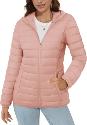 MAGCOMSEN Women's Hooded Puffer Jacket Lightweight Quilted Padded Coat 4 Pockets Zip-up Winter Warm Outerwear