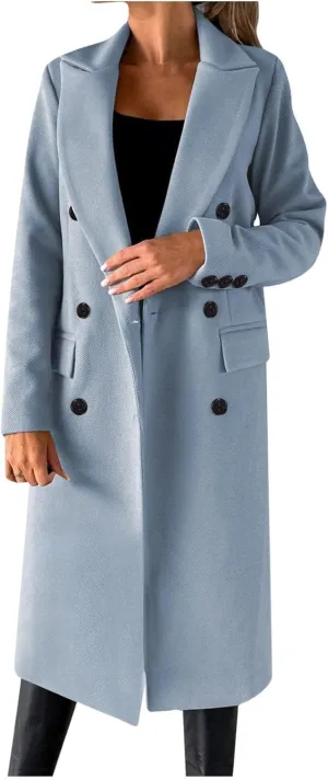 maisdgop Winter Coats for Women Warm Double Breasted Wool Pea Coat Elegant Notched 2024 Long Length Trench Coat Overcoats