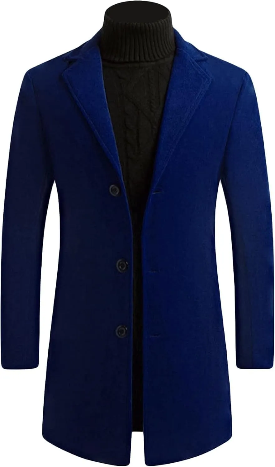 Maiyifu-GJ Wool Blend Trench Coat for Men Casual Business Single Breasted Long Jacket Mid-Length Notched Collar Slim Overcoat