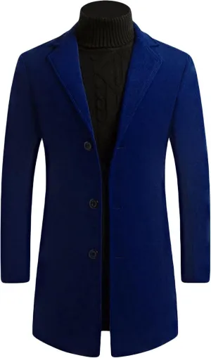 Maiyifu-GJ Wool Blend Trench Coat for Men Casual Business Single Breasted Long Jacket Mid-Length Notched Collar Slim Overcoat