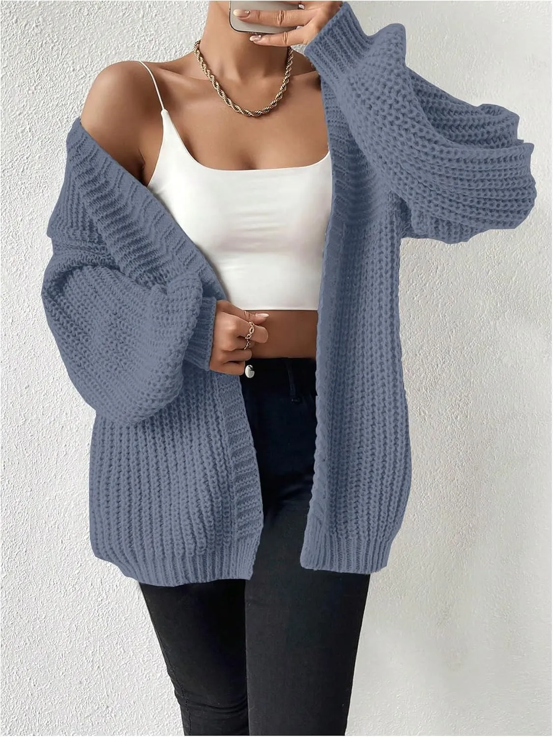 MakeMeChic Women's Chunky Knit Cardigan Open Front Casual Lantern Long Sleeve Sweaters