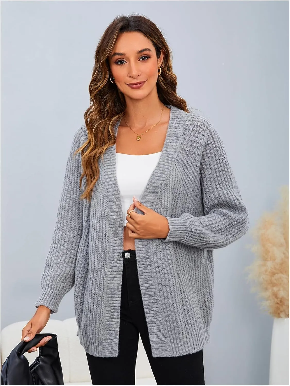 MakeMeChic Women's Chunky Knit Cardigan Open Front Casual Lantern Long Sleeve Sweaters