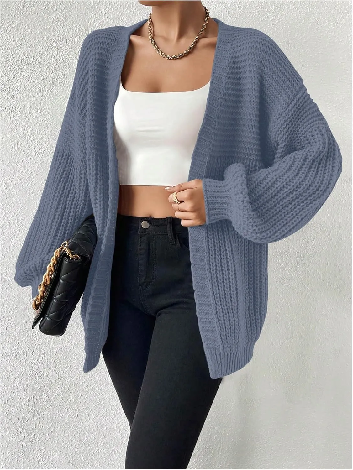 MakeMeChic Women's Chunky Knit Cardigan Open Front Casual Lantern Long Sleeve Sweaters