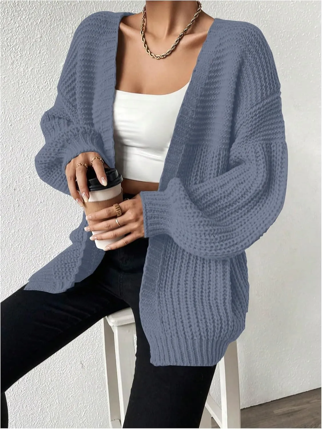 MakeMeChic Women's Chunky Knit Cardigan Open Front Casual Lantern Long Sleeve Sweaters