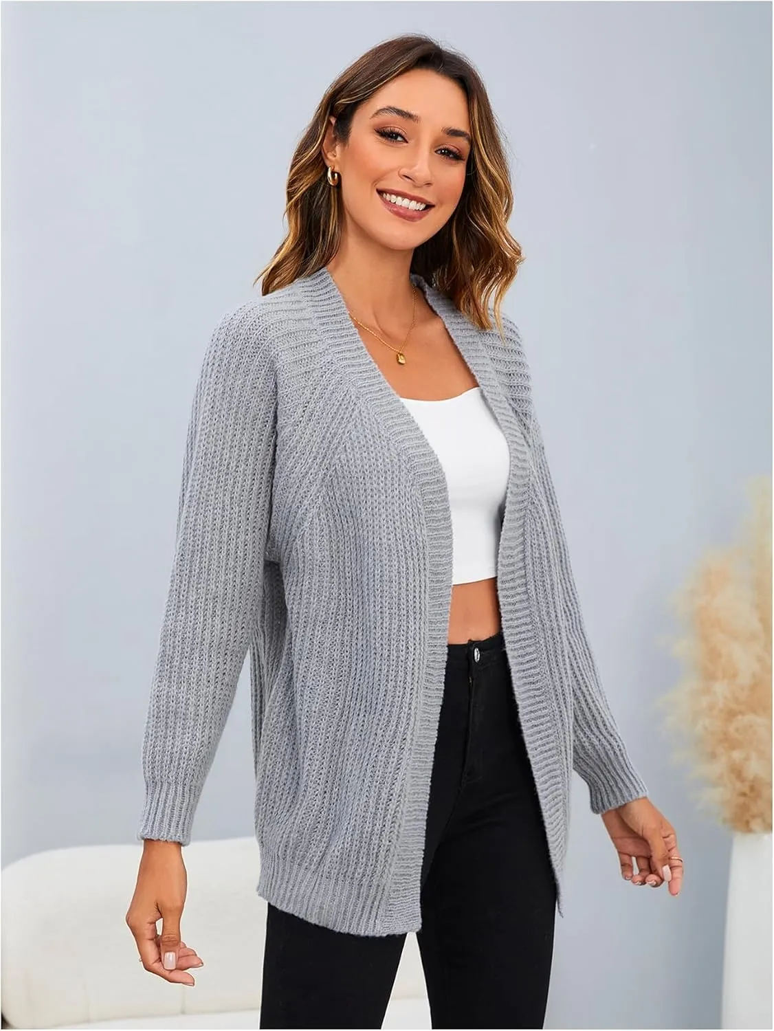 MakeMeChic Women's Chunky Knit Cardigan Open Front Casual Lantern Long Sleeve Sweaters