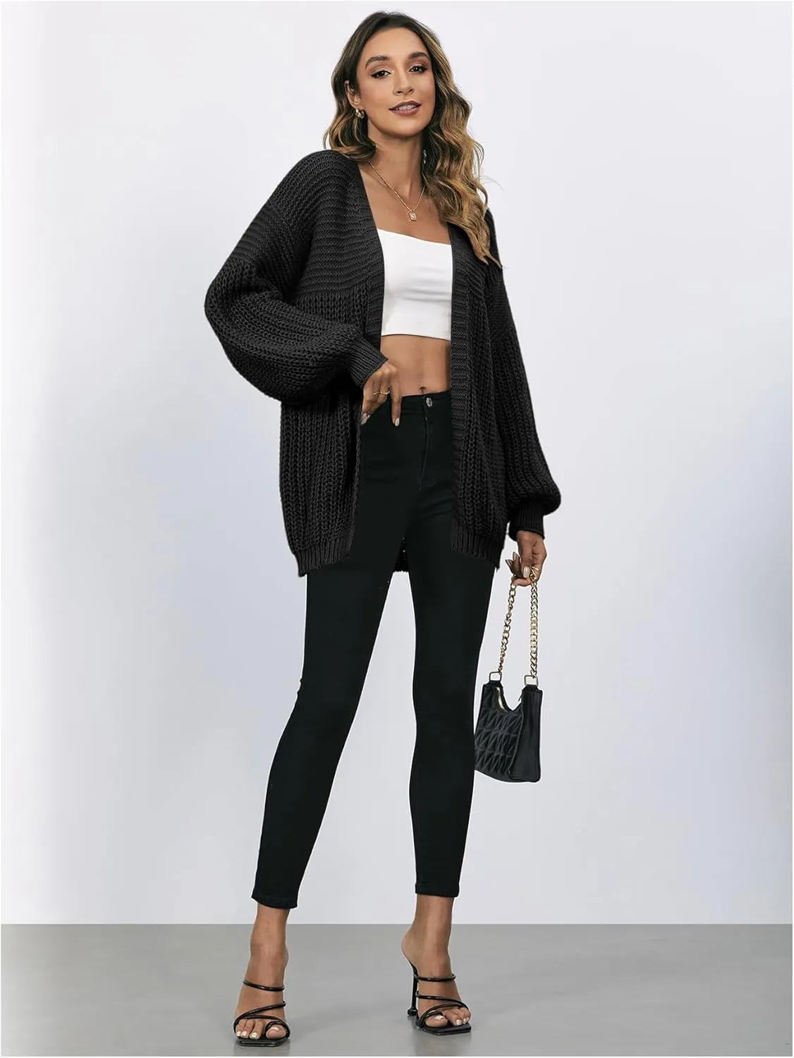 MakeMeChic Women's Chunky Knit Cardigan Open Front Casual Lantern Long Sleeve Sweaters