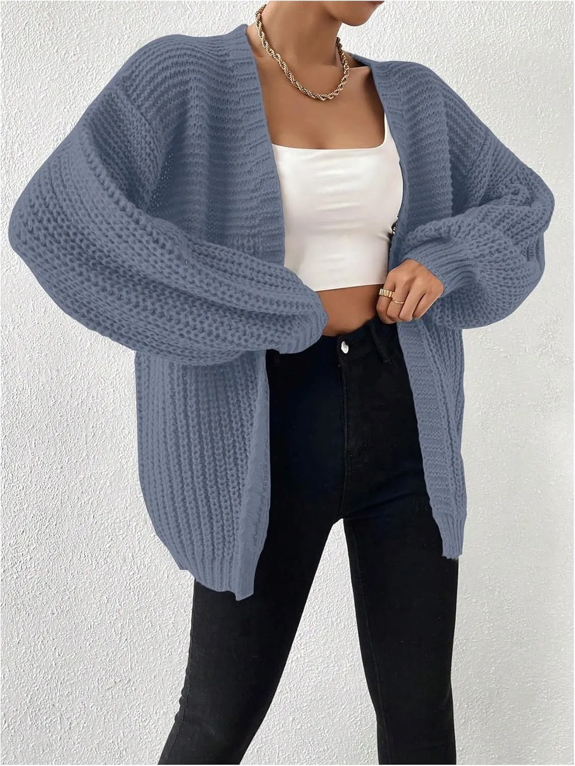 MakeMeChic Women's Chunky Knit Cardigan Open Front Casual Lantern Long Sleeve Sweaters