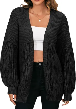 MakeMeChic Women's Chunky Knit Cardigan Open Front Casual Lantern Long Sleeve Sweaters