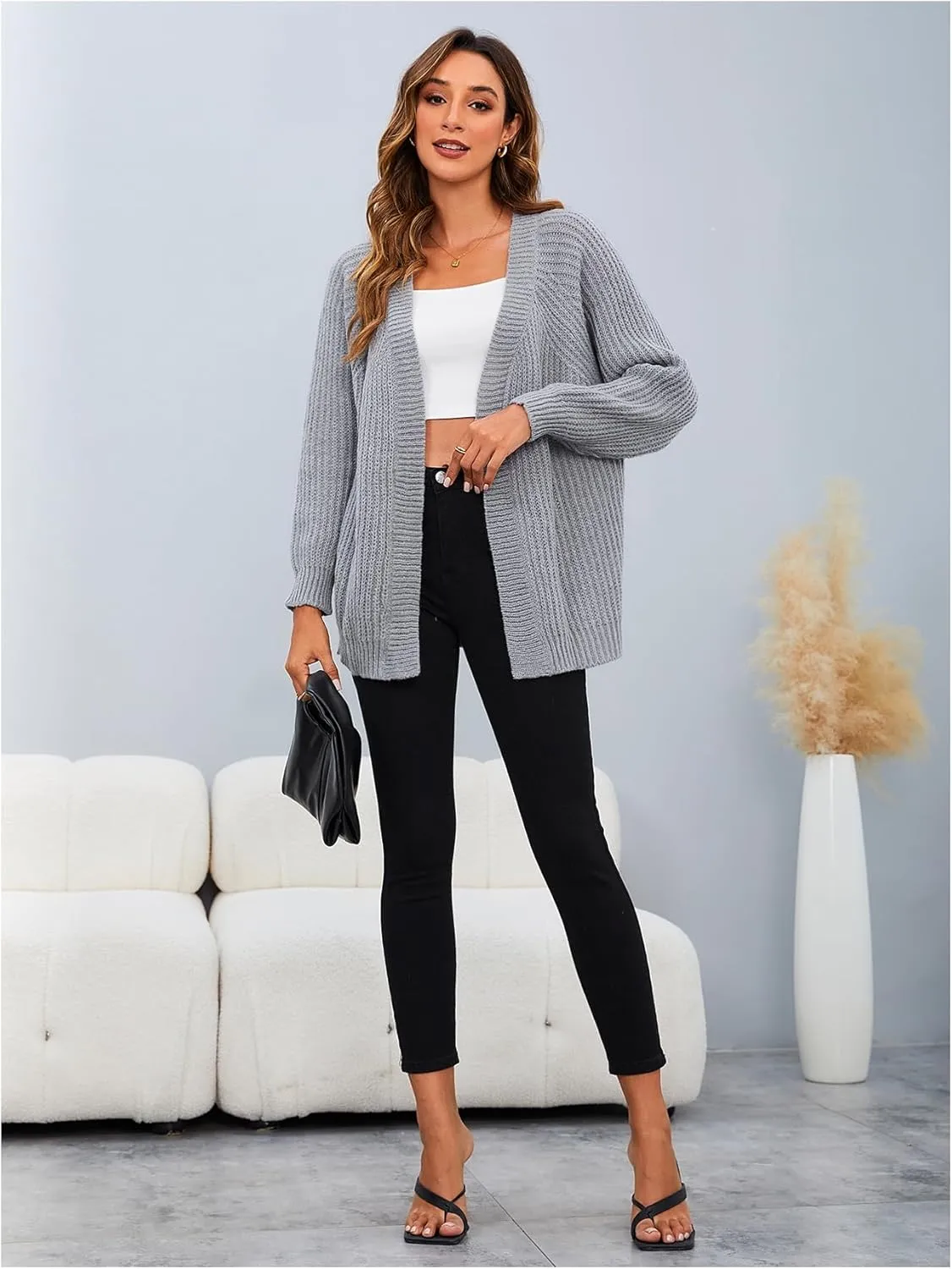 MakeMeChic Women's Chunky Knit Cardigan Open Front Casual Lantern Long Sleeve Sweaters