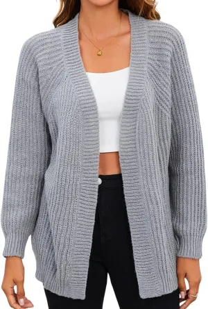 MakeMeChic Women's Chunky Knit Cardigan Open Front Casual Lantern Long Sleeve Sweaters