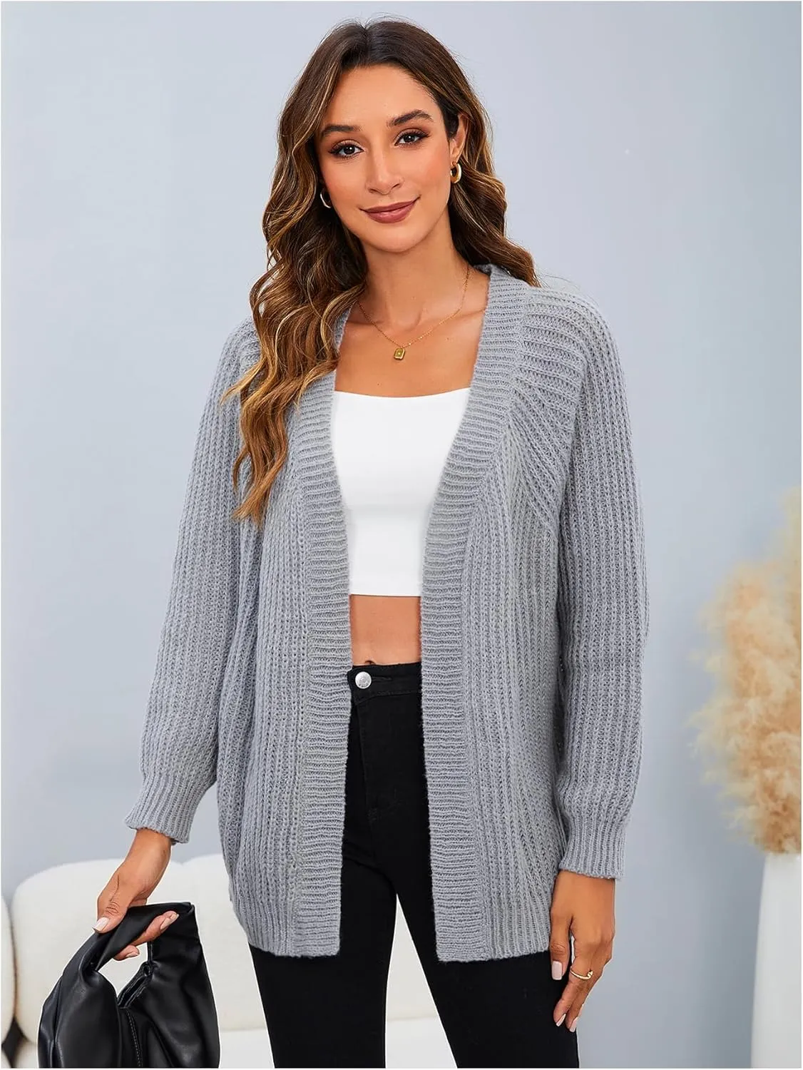MakeMeChic Women's Chunky Knit Cardigan Open Front Casual Lantern Long Sleeve Sweaters