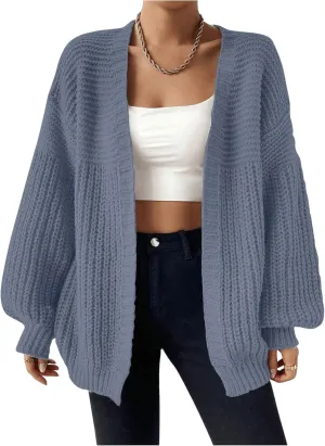 MakeMeChic Women's Chunky Knit Cardigan Open Front Casual Lantern Long Sleeve Sweaters