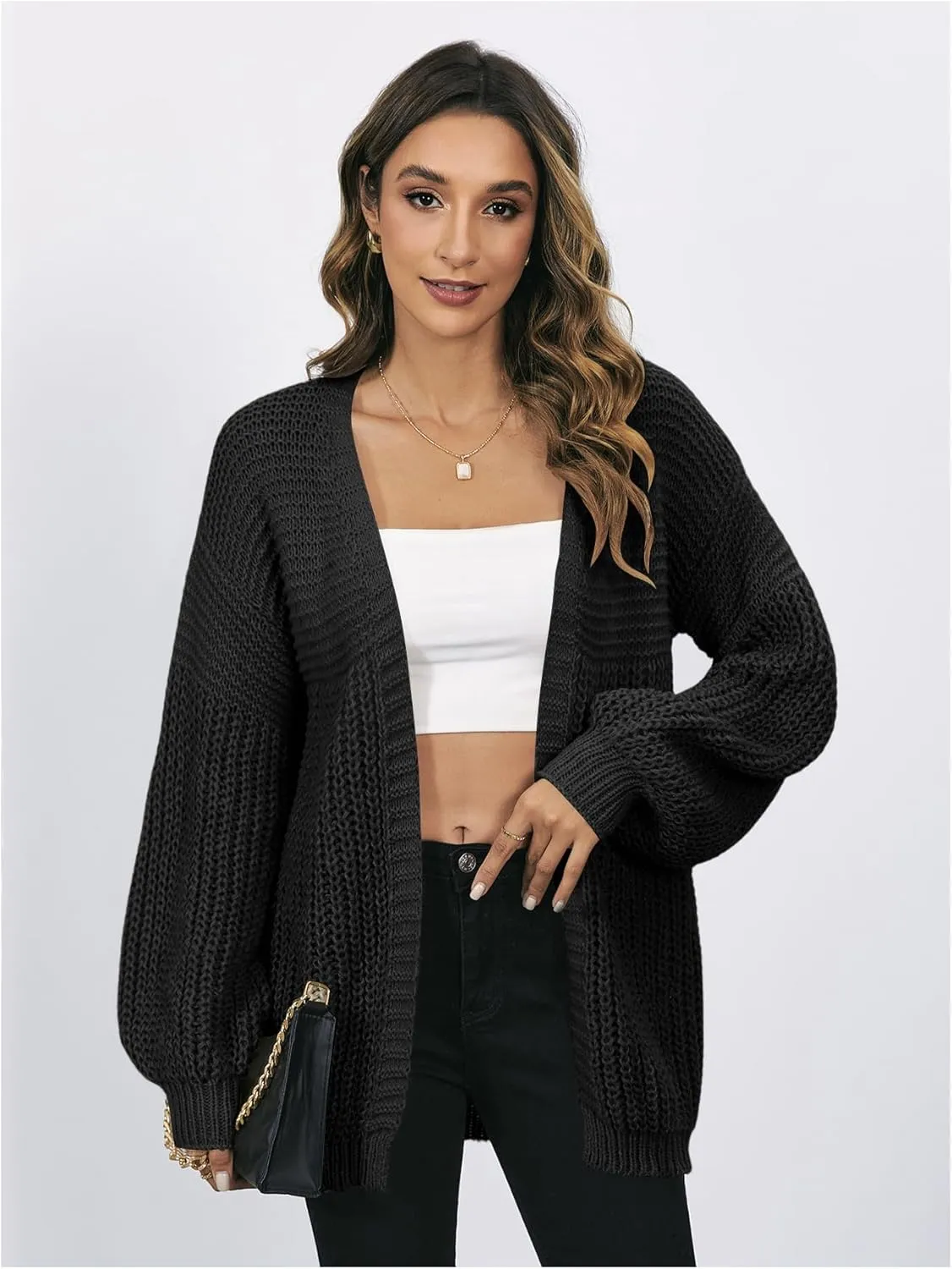 MakeMeChic Women's Chunky Knit Cardigan Open Front Casual Lantern Long Sleeve Sweaters