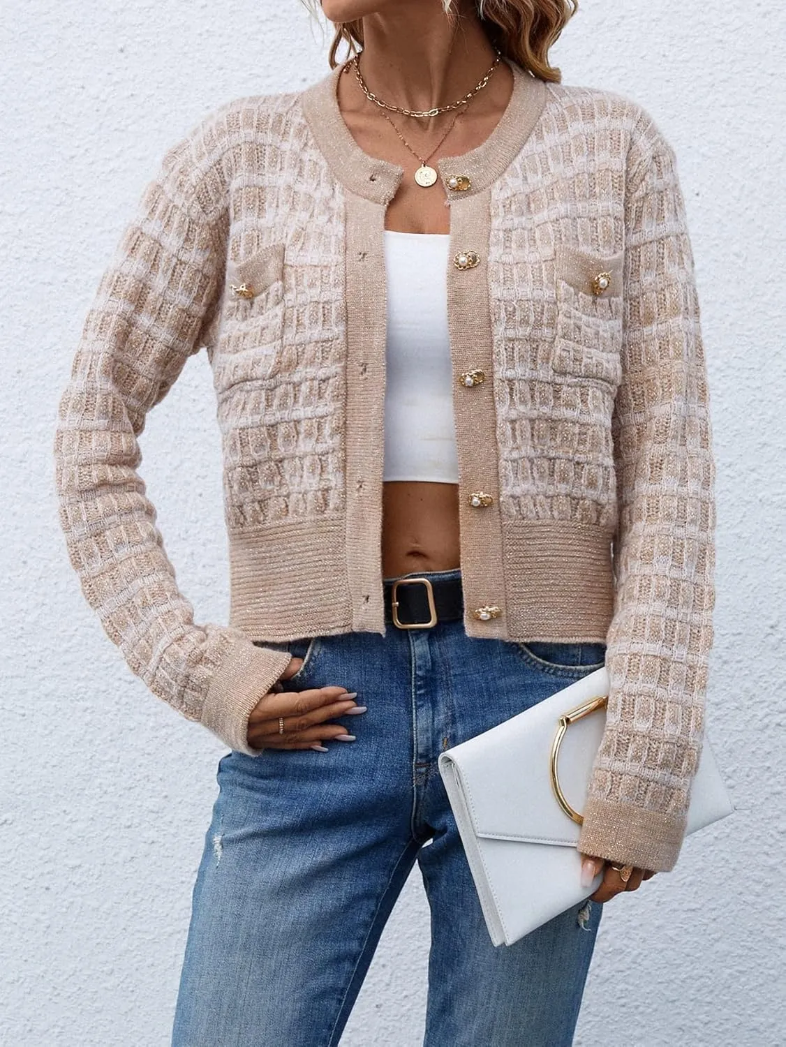 MakeMeChic Women's Cropped Cardigan Pearl Button Down Knit Open Front Sweaters Outerwear