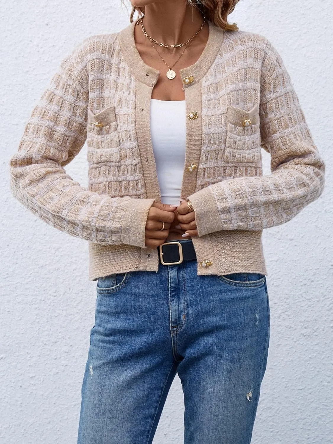 MakeMeChic Women's Cropped Cardigan Pearl Button Down Knit Open Front Sweaters Outerwear
