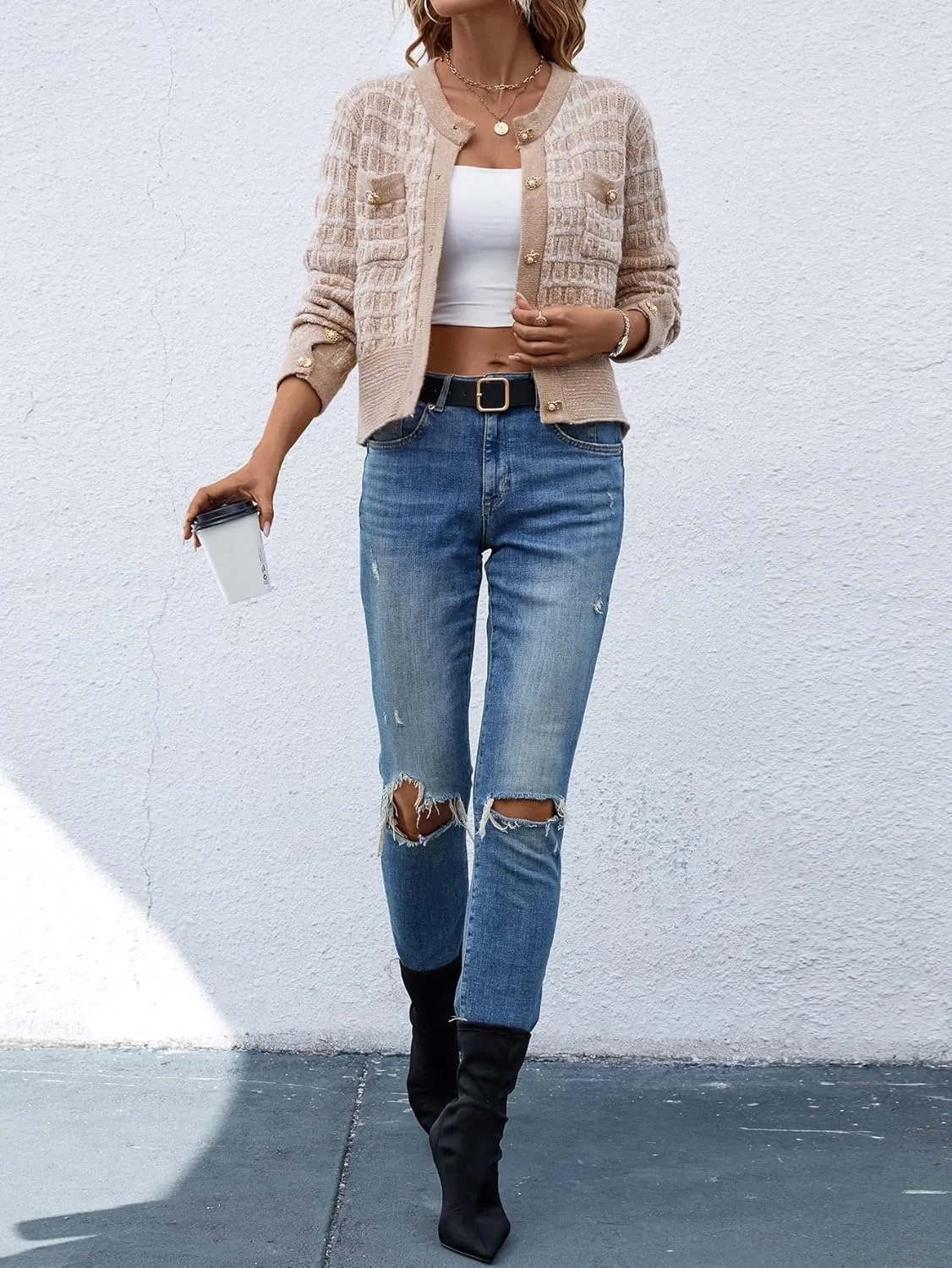 MakeMeChic Women's Cropped Cardigan Pearl Button Down Knit Open Front Sweaters Outerwear