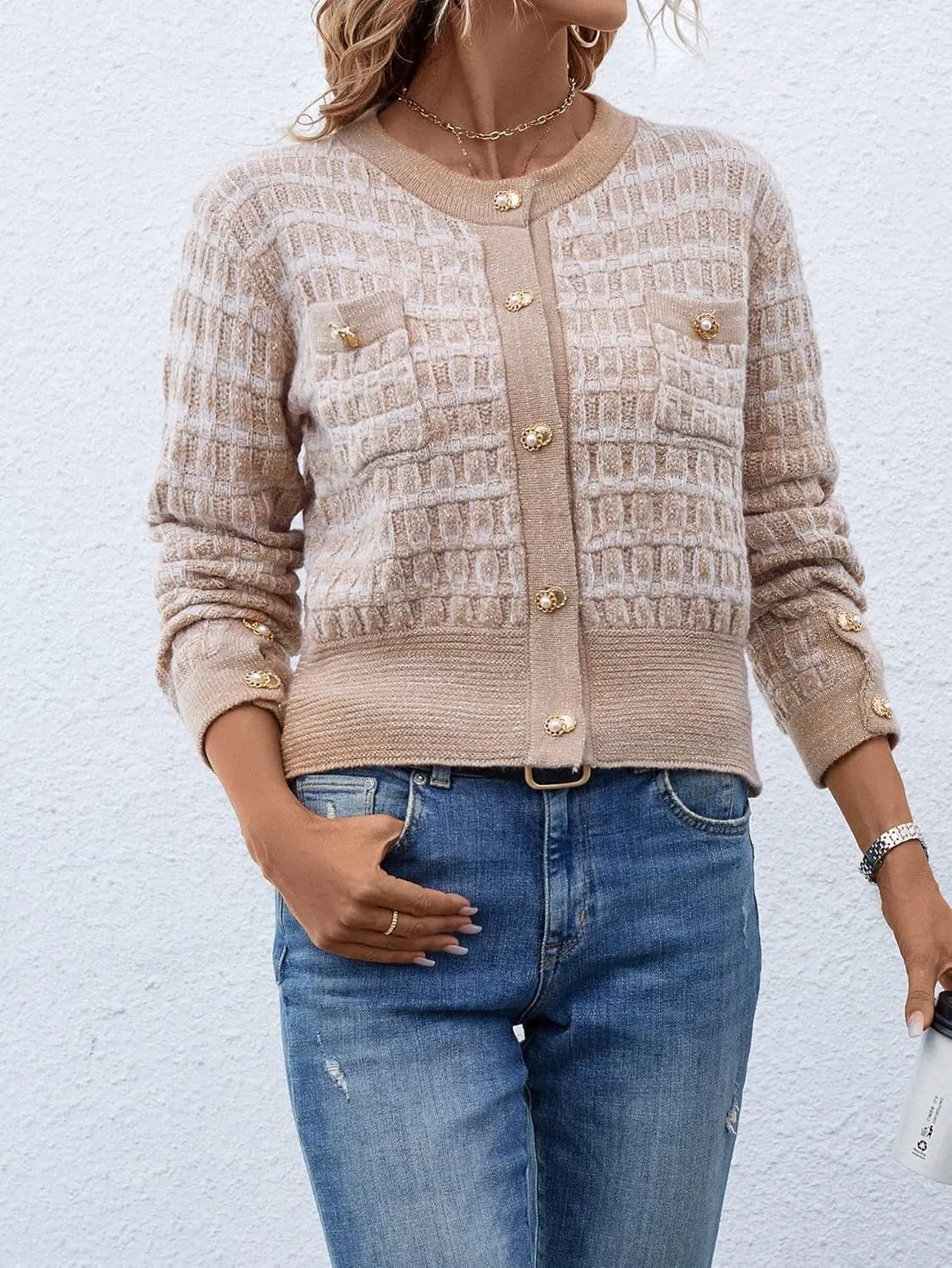 MakeMeChic Women's Cropped Cardigan Pearl Button Down Knit Open Front Sweaters Outerwear