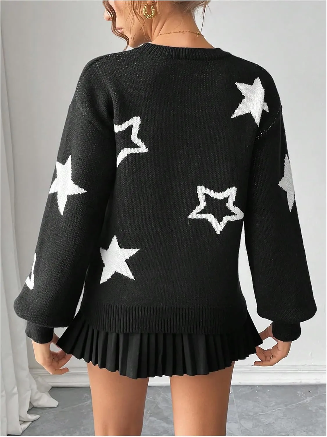 MakeMeChic Women's Polka Dots Sweaters Long Sleeve Round Neck Knitted Pullover Tops