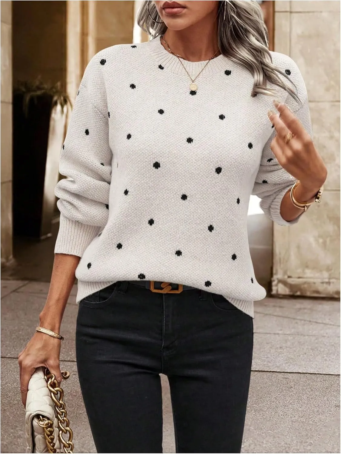 MakeMeChic Women's Polka Dots Sweaters Long Sleeve Round Neck Knitted Pullover Tops