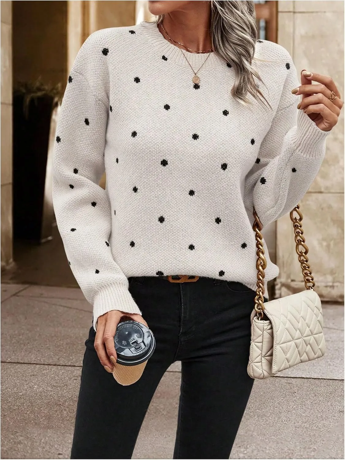 MakeMeChic Women's Polka Dots Sweaters Long Sleeve Round Neck Knitted Pullover Tops