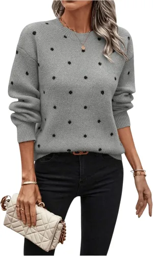 MakeMeChic Women's Polka Dots Sweaters Long Sleeve Round Neck Knitted Pullover Tops