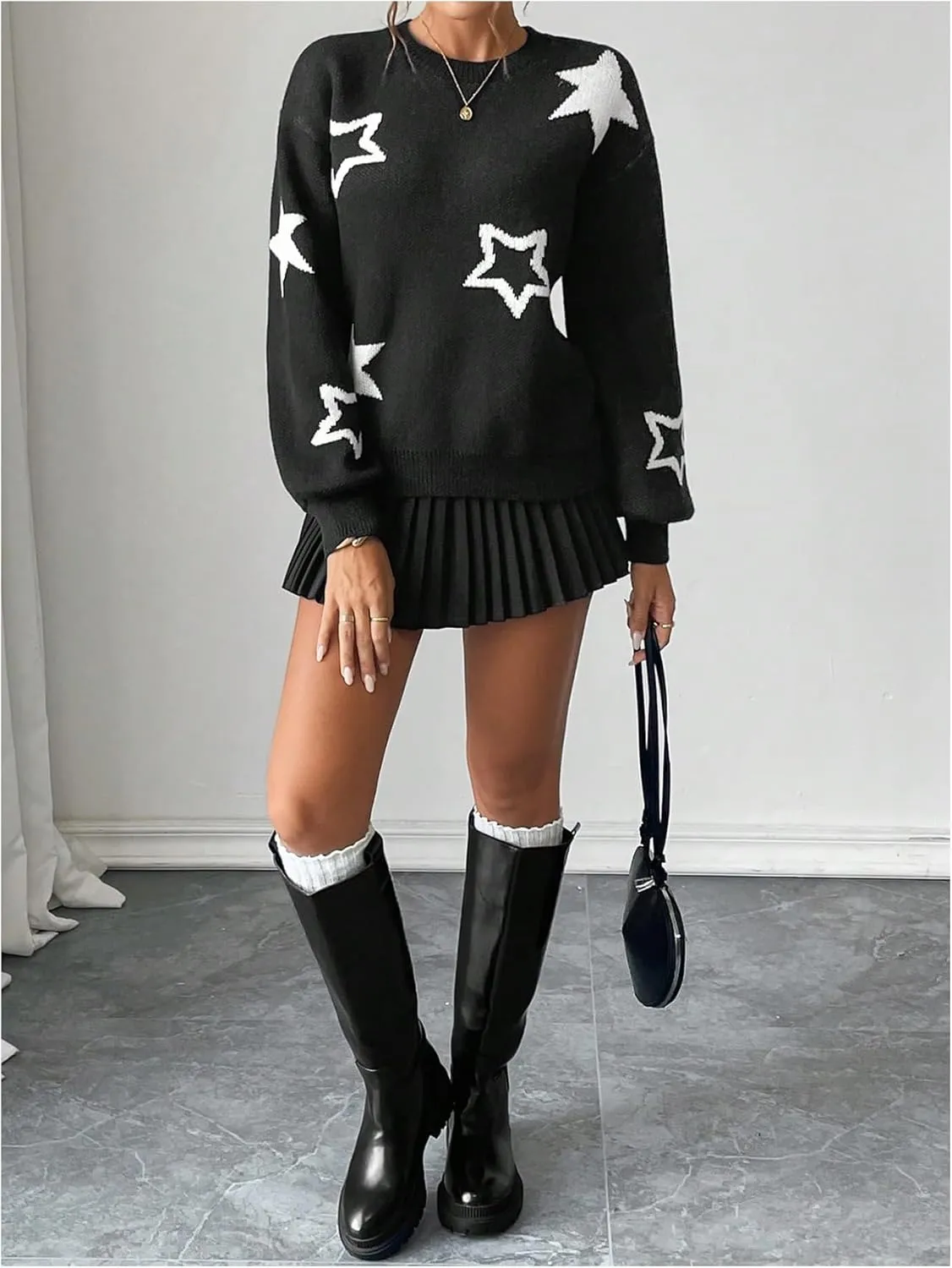 MakeMeChic Women's Polka Dots Sweaters Long Sleeve Round Neck Knitted Pullover Tops