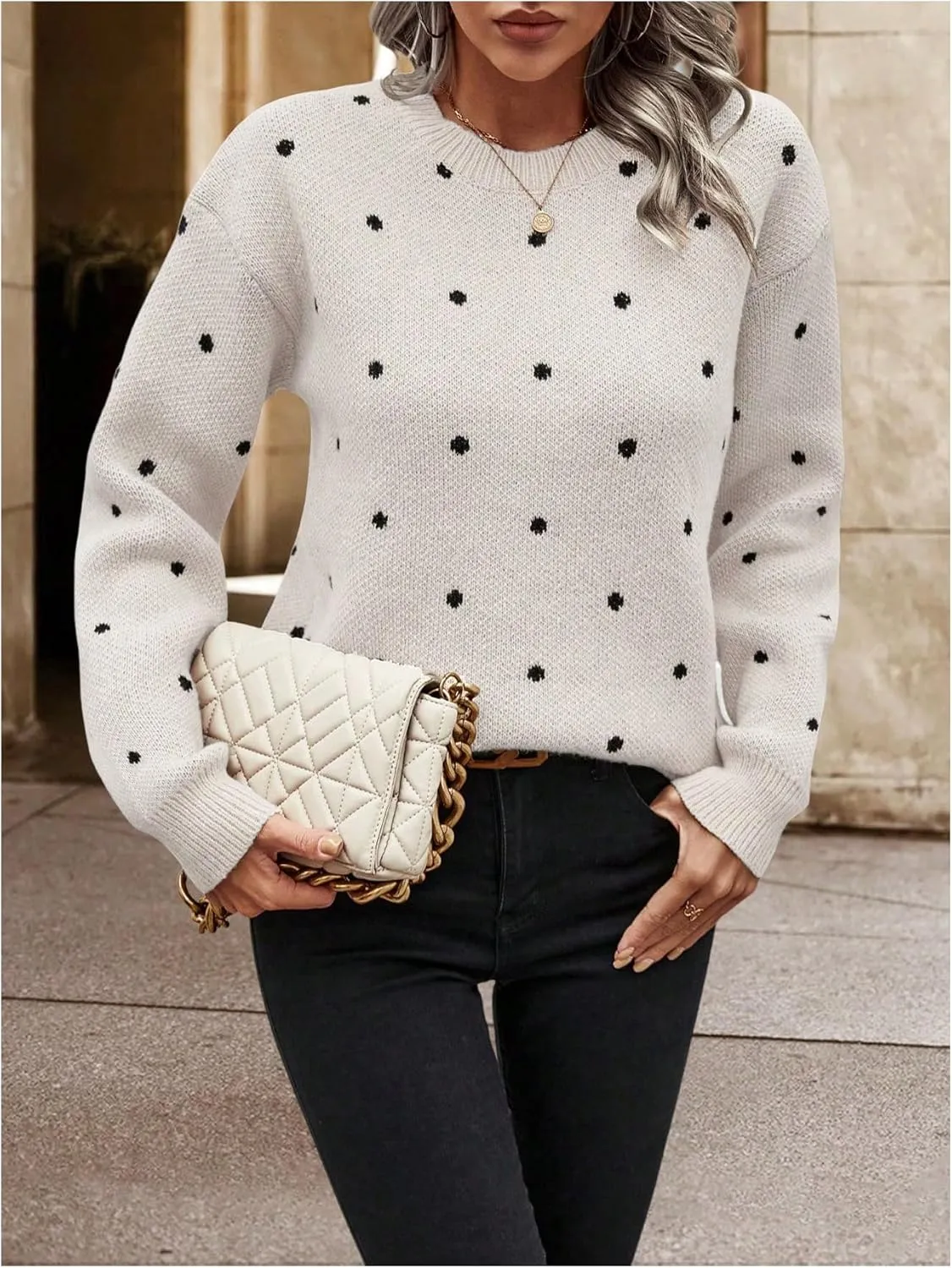 MakeMeChic Women's Polka Dots Sweaters Long Sleeve Round Neck Knitted Pullover Tops