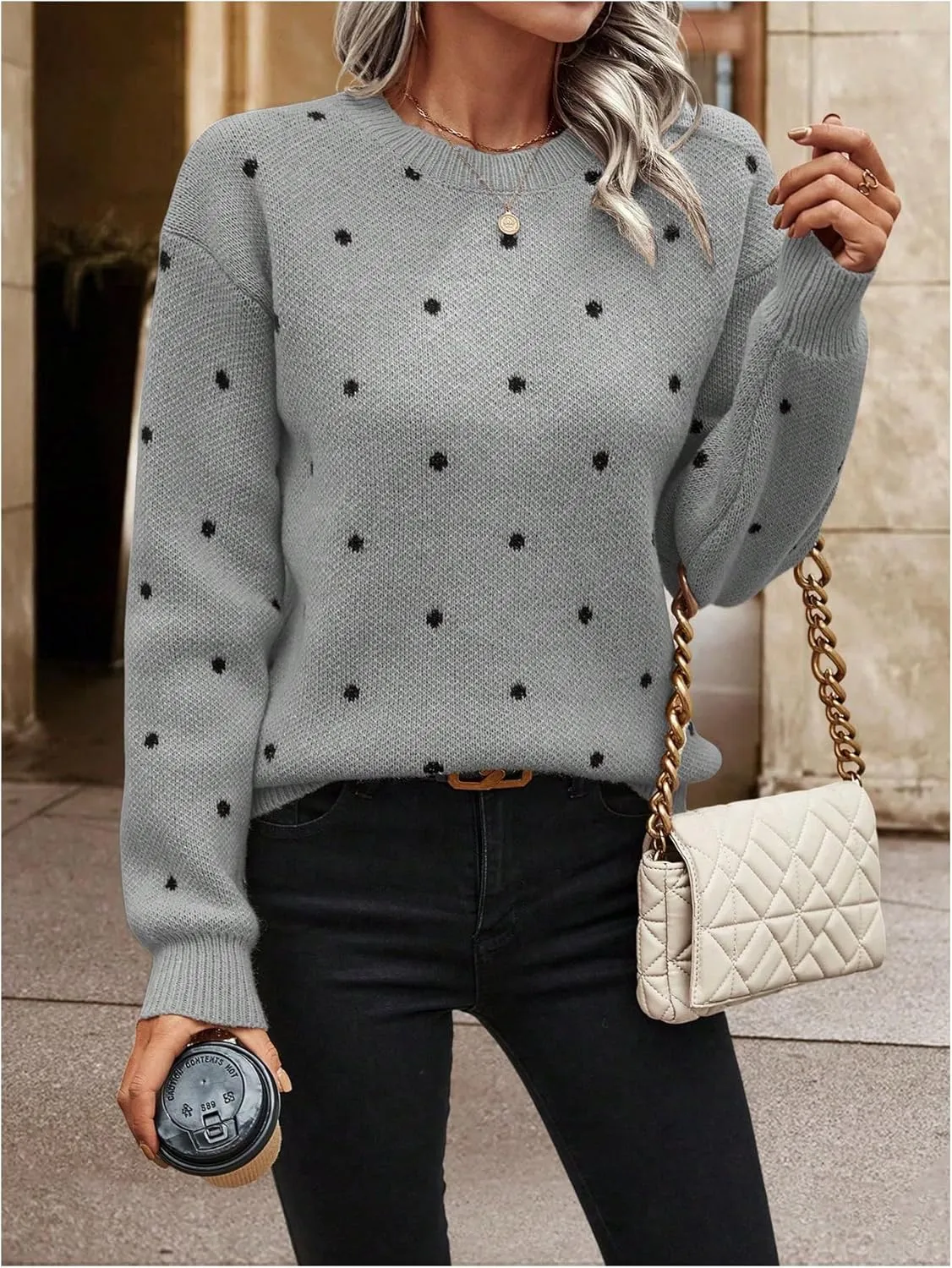 MakeMeChic Women's Polka Dots Sweaters Long Sleeve Round Neck Knitted Pullover Tops