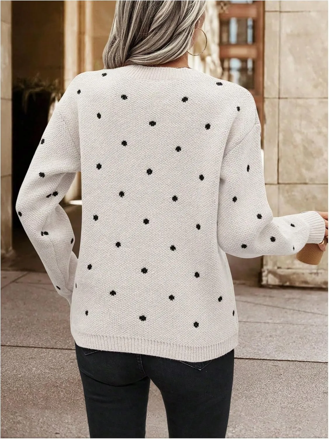 MakeMeChic Women's Polka Dots Sweaters Long Sleeve Round Neck Knitted Pullover Tops