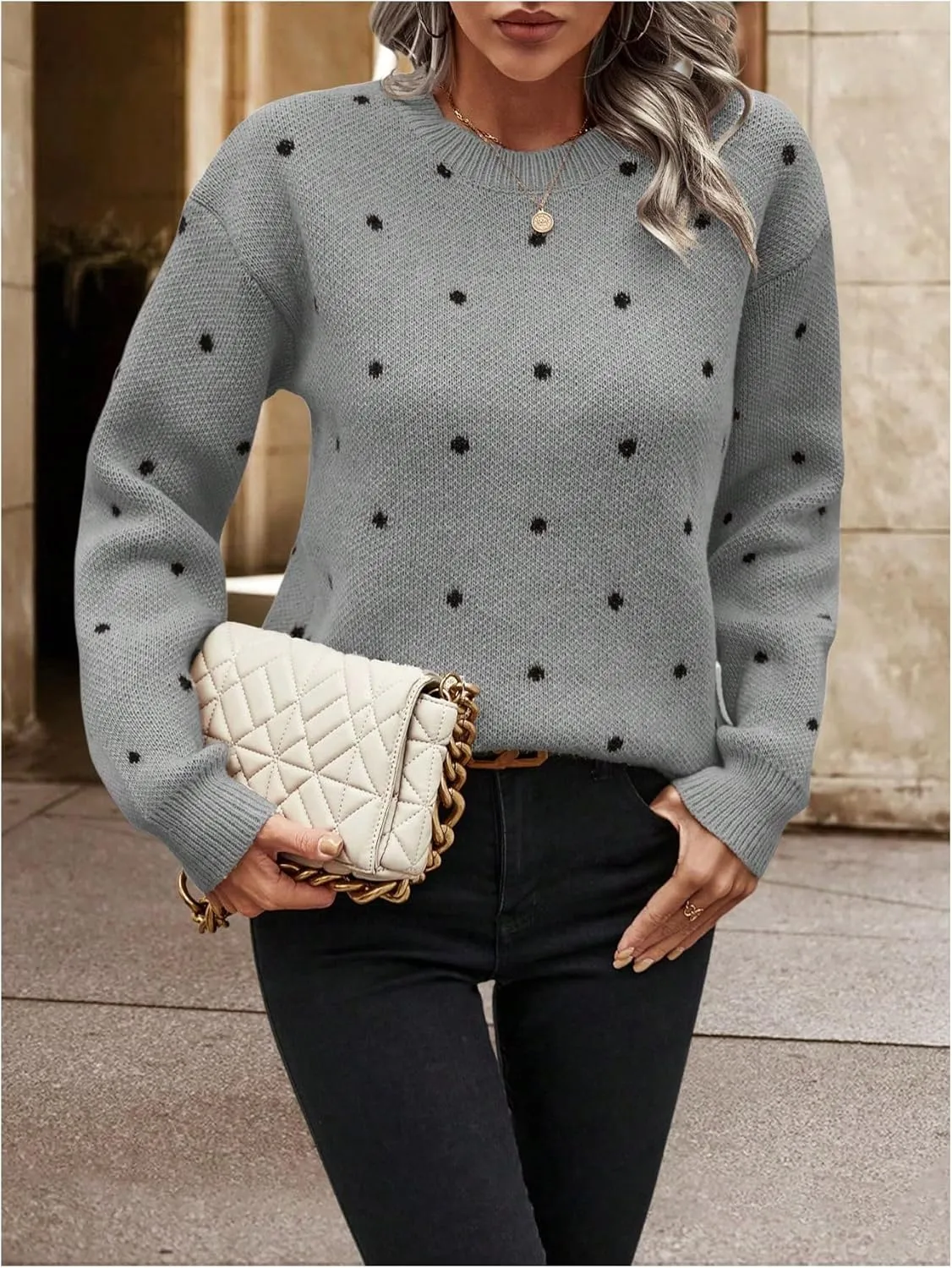 MakeMeChic Women's Polka Dots Sweaters Long Sleeve Round Neck Knitted Pullover Tops