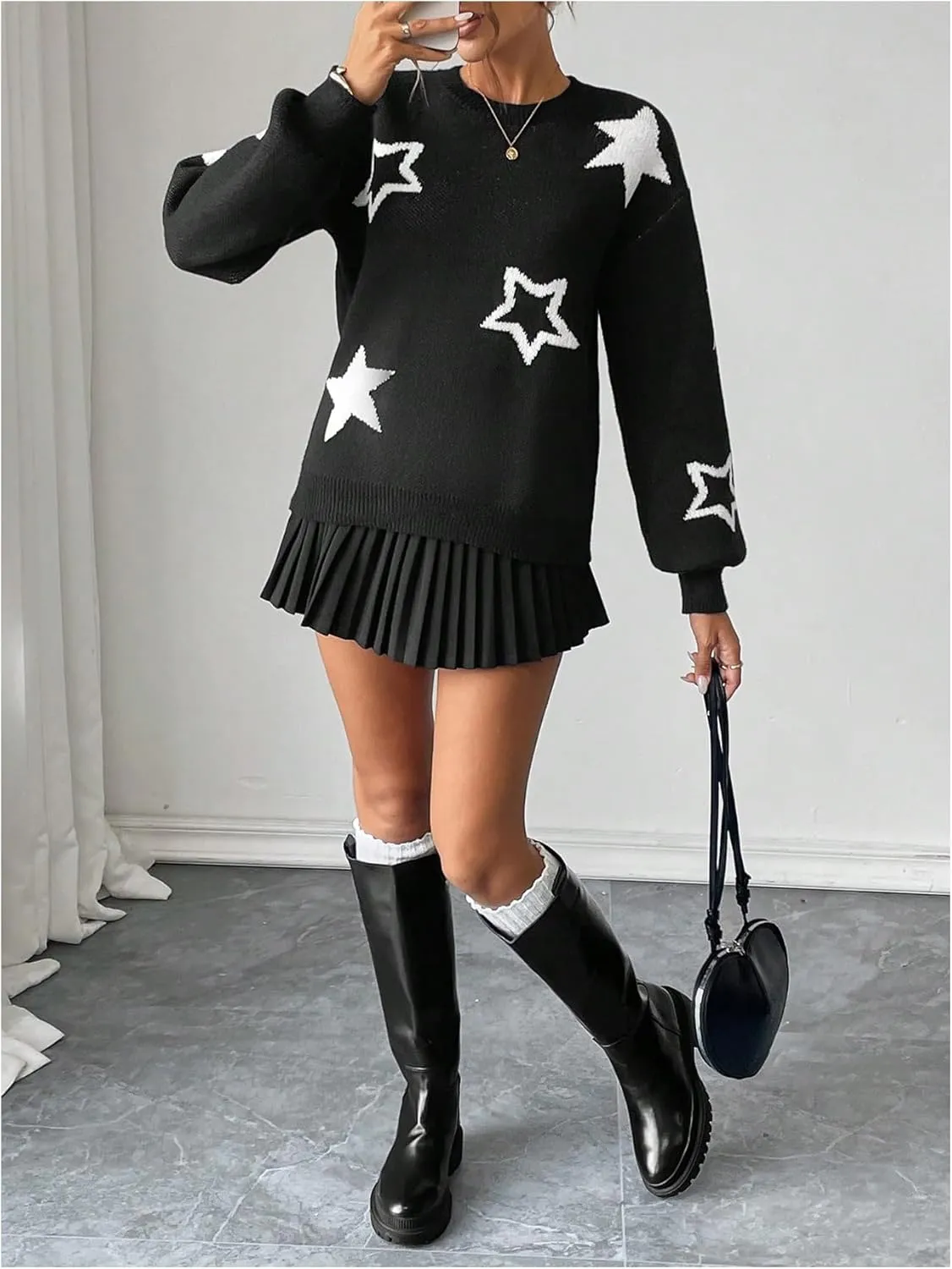 MakeMeChic Women's Polka Dots Sweaters Long Sleeve Round Neck Knitted Pullover Tops