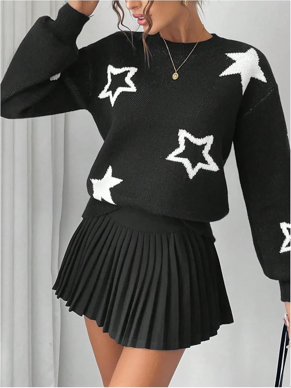 MakeMeChic Women's Polka Dots Sweaters Long Sleeve Round Neck Knitted Pullover Tops