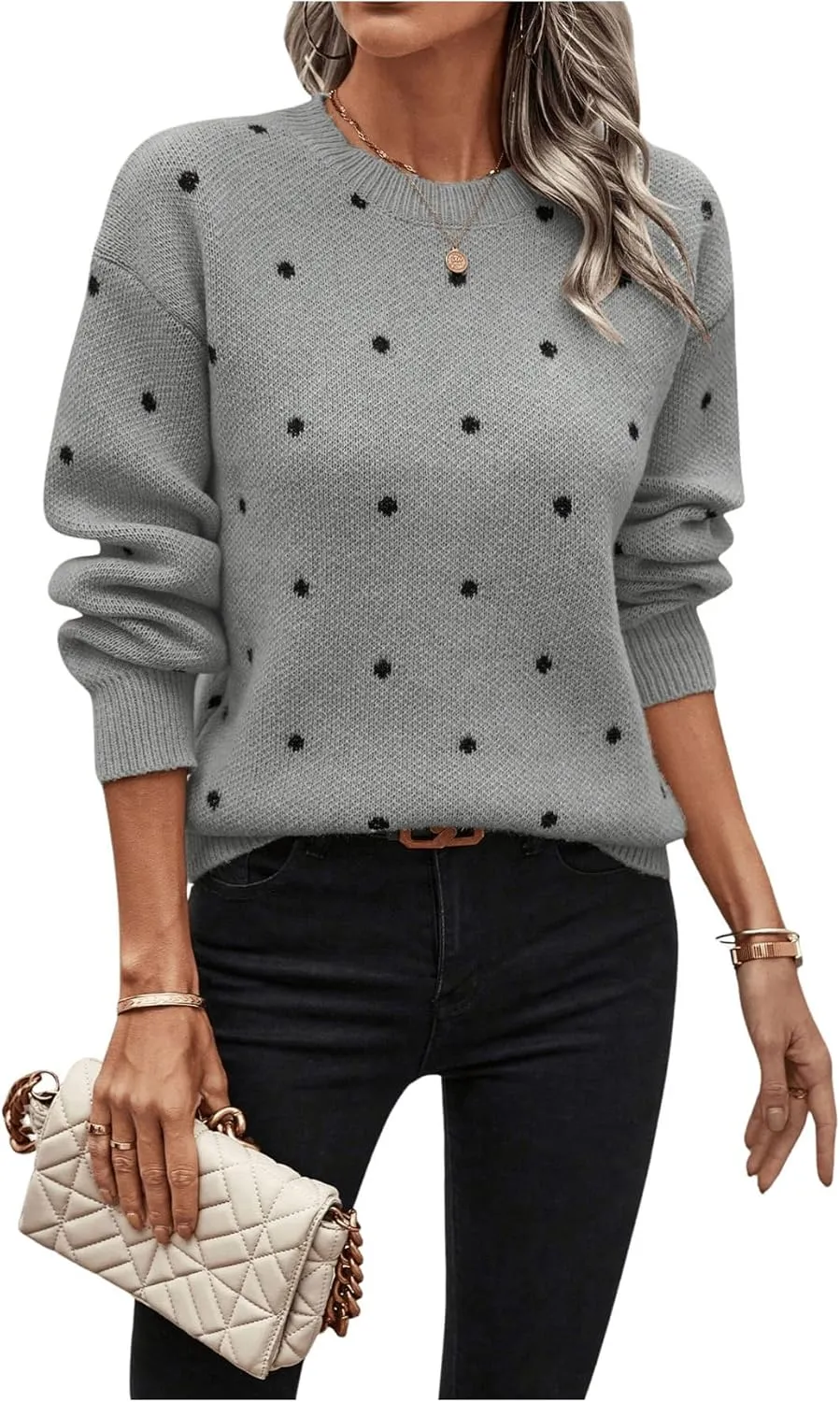 MakeMeChic Women's Polka Dots Sweaters Long Sleeve Round Neck Knitted Pullover Tops