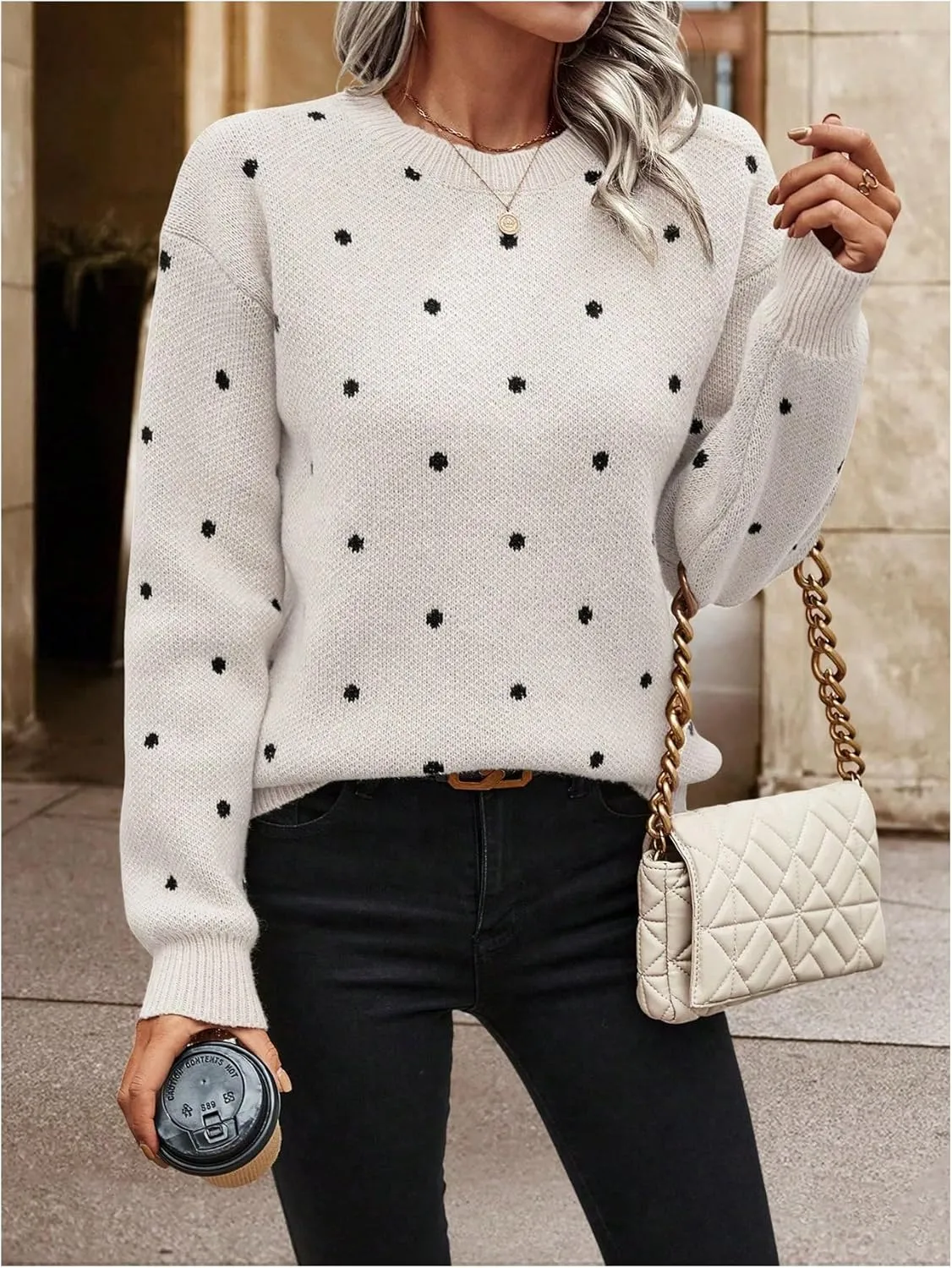 MakeMeChic Women's Polka Dots Sweaters Long Sleeve Round Neck Knitted Pullover Tops