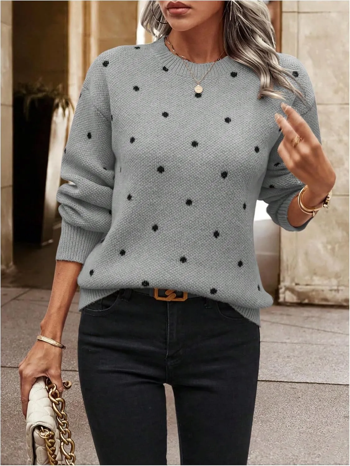 MakeMeChic Women's Polka Dots Sweaters Long Sleeve Round Neck Knitted Pullover Tops