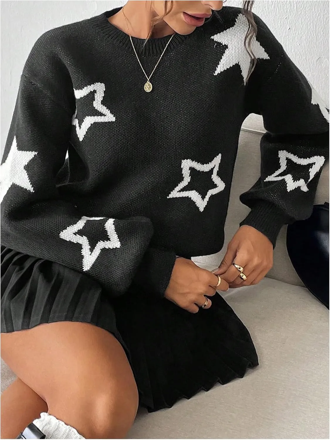 MakeMeChic Women's Polka Dots Sweaters Long Sleeve Round Neck Knitted Pullover Tops