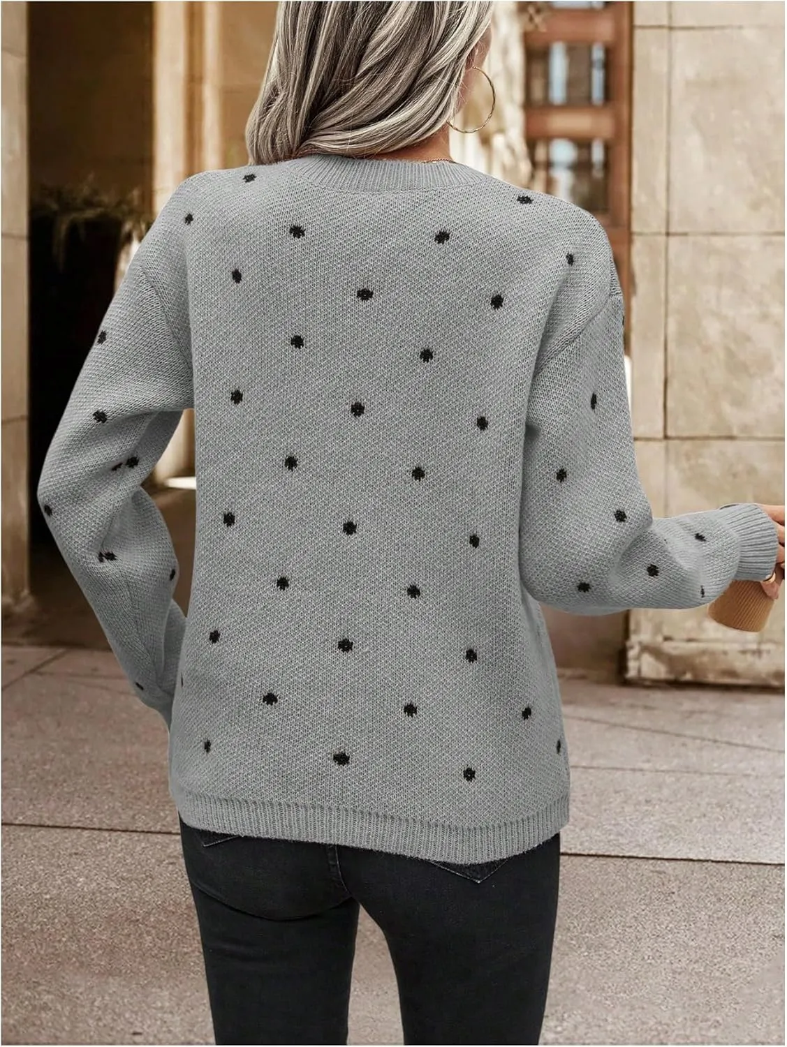 MakeMeChic Women's Polka Dots Sweaters Long Sleeve Round Neck Knitted Pullover Tops
