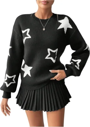 MakeMeChic Women's Polka Dots Sweaters Long Sleeve Round Neck Knitted Pullover Tops