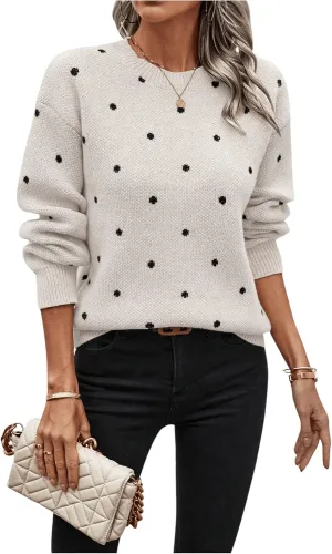 MakeMeChic Women's Polka Dots Sweaters Long Sleeve Round Neck Knitted Pullover Tops