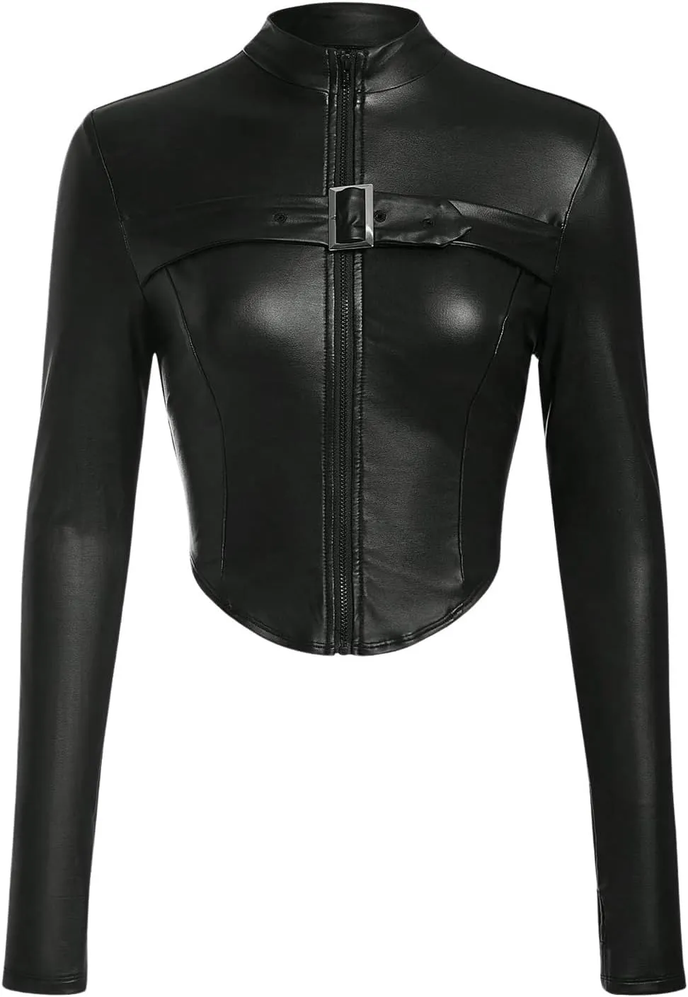 MakeMeChic Women's PU Leather Mock Neck Zipper Outerwear Long Sleeve Asymmetrical Crop Y2K Jacket