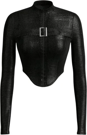 MakeMeChic Women's PU Leather Mock Neck Zipper Outerwear Long Sleeve Asymmetrical Crop Y2K Jacket