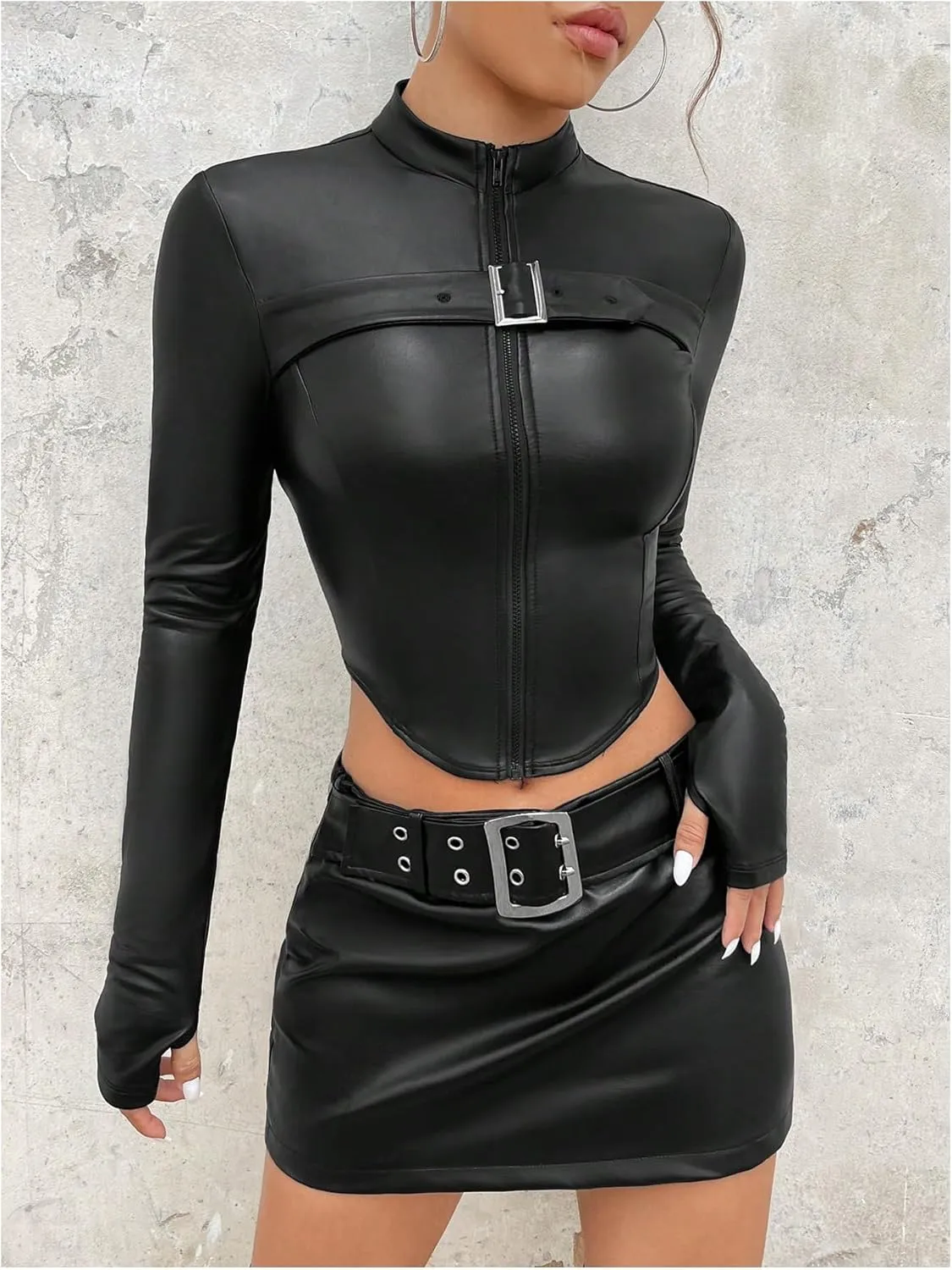 MakeMeChic Women's PU Leather Mock Neck Zipper Outerwear Long Sleeve Asymmetrical Crop Y2K Jacket