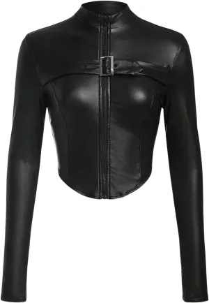 MakeMeChic Women's PU Leather Mock Neck Zipper Outerwear Long Sleeve Asymmetrical Crop Y2K Jacket
