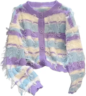 MakeMeChic Women's Striped Button Down Lightweight Cardigan Sweaters Crew Neck Long Sleeve Crop Cute Outerwear