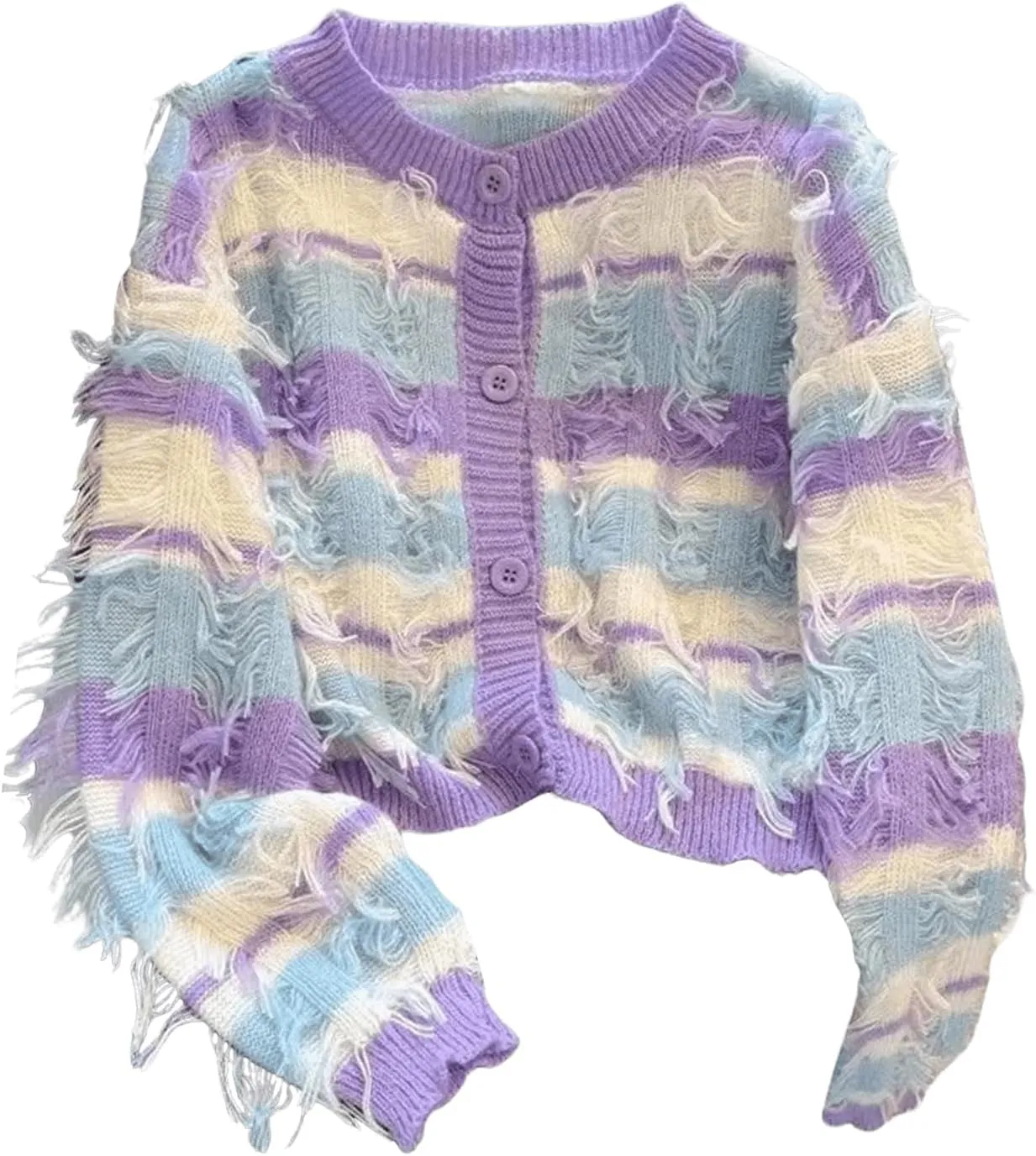 MakeMeChic Women's Striped Button Down Lightweight Cardigan Sweaters Crew Neck Long Sleeve Crop Cute Outerwear