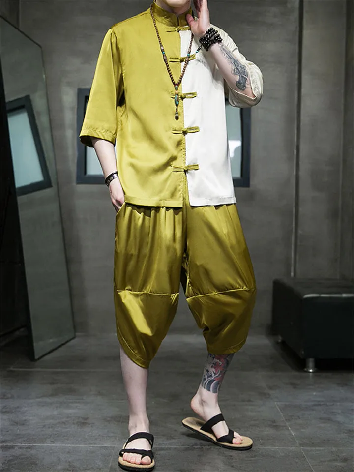 Male Color-blocked Shirt   Cropped Pants Silky Suits